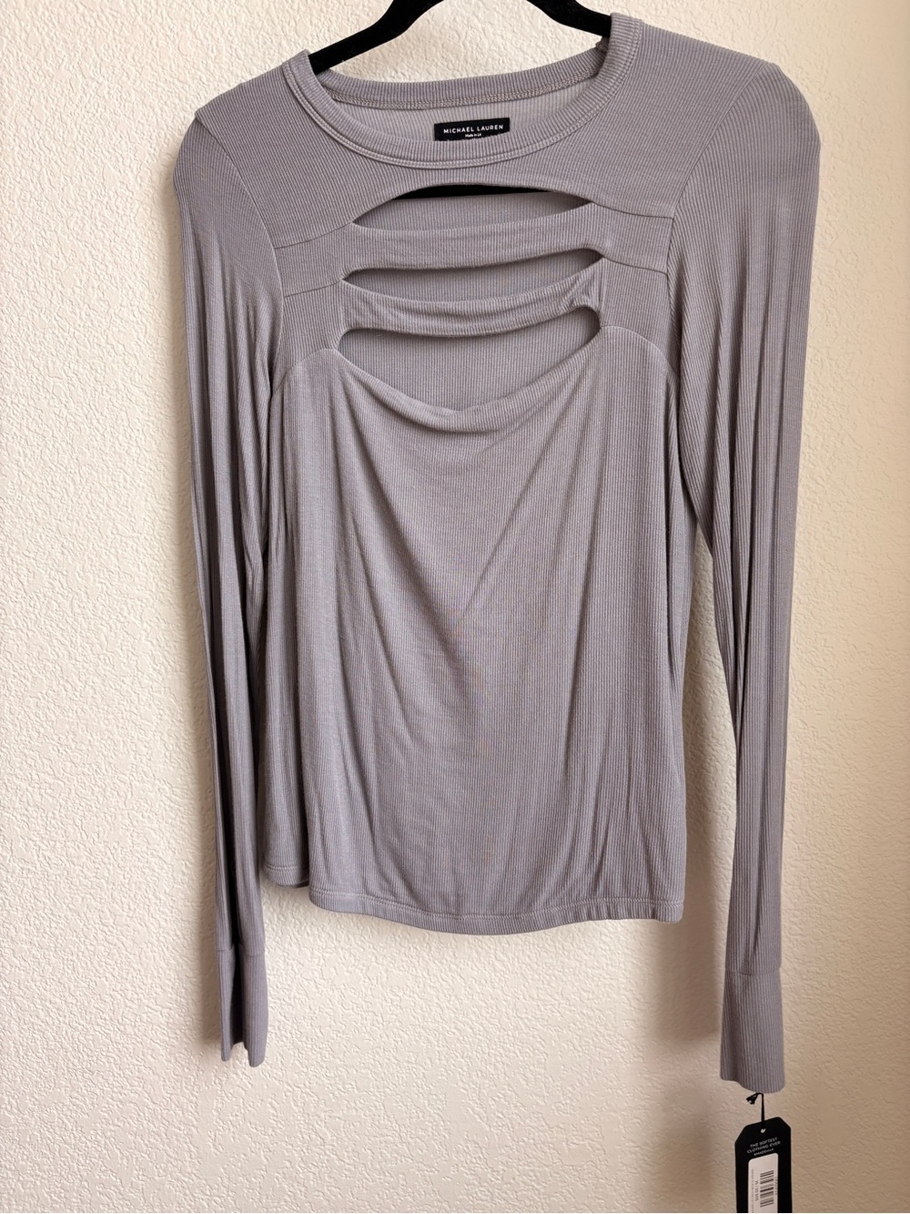 Michael Lauren Light Gray Long-Sleeve Top with Front Cutouts